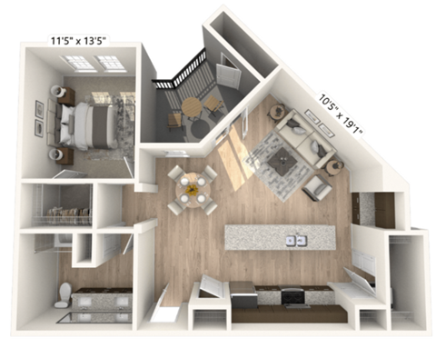 A 3D floor plan of a small apartment with a kitchen, living room, and bathroom.